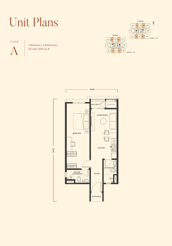 Type A official floor plan, 645 sqft