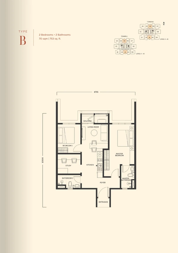 Type B official floor plan, 753 sqft