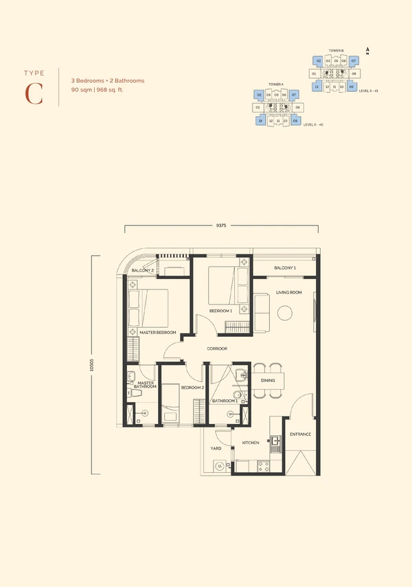 Type C official floor plan, 968 sqft