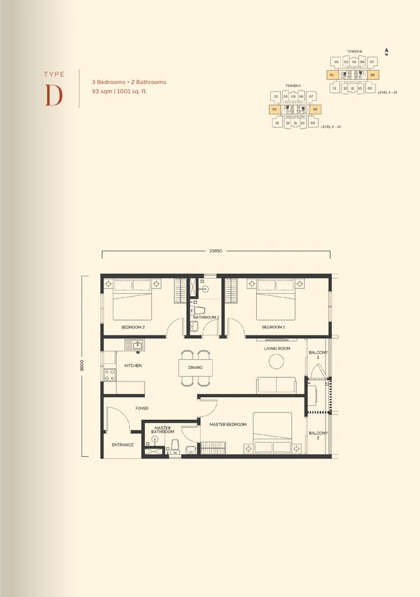 Type D official floor plan, 1,001 sqft